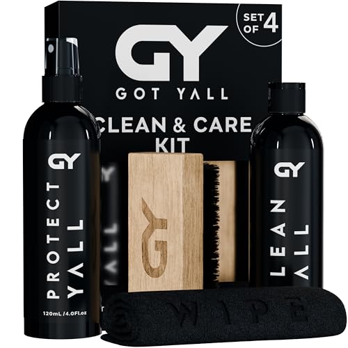 GOT YALL Kit 4 en 1 limpio y resistente al agua: limpiador suave y eficaz, spray protector de larga duración, cepillo y toalla; para nobuck, malla, cuero, tenis, fútbol, tenis