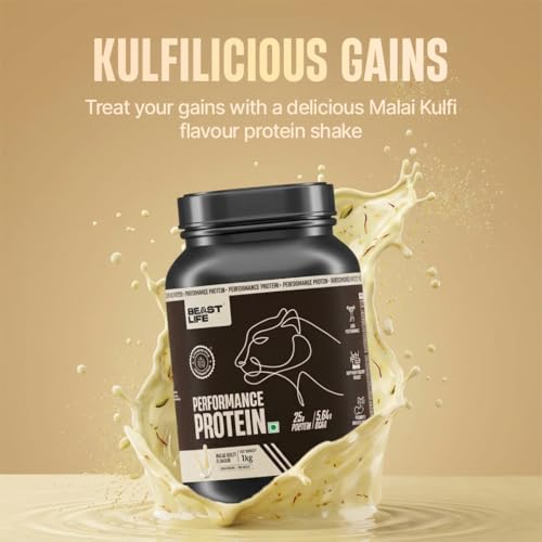 Image of BeastLife Performance Yeast Protein Powder | 25g Protein | Malai Kulfi|NABL Lab Certified | High Absorption for Muscle Growth |Smooth & Light, Easy to Digest with Ultrasorb Tech|5.64g BCAA | Best For Gut | Beta Glucan | Improves Immune Function | 1 Kg