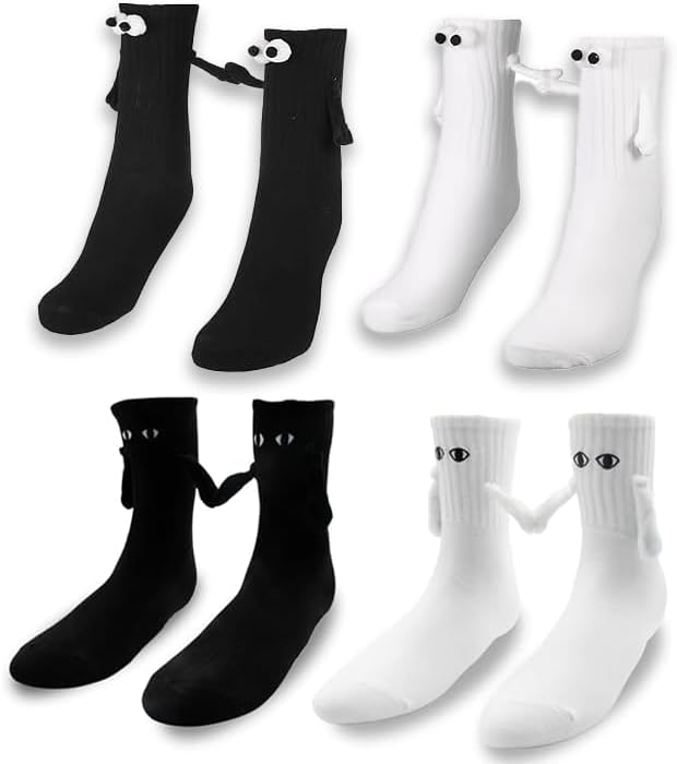 GWAWG4 Pairs Magnetic Funny Suction Couple Friends Holding Hand Socks With 2D and 3D Eyes - Novelty Dolls Friendship Socks in Black and White for Women Men