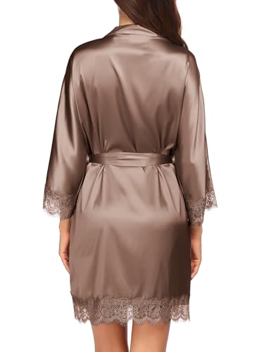 Image of Ekouaer Womens Silk Robes Short Lace Trim Satin Bride Bathrobe with Pockets