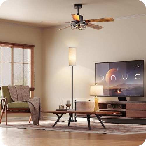 Image of 52 Inch Farmhouse Ceiling Fan with Lights and Remote, Timer, Dual Finish 5 Blades (Walnut and Black), 6 Speeds, Reversible DC Motor, Rustic & Industrial Caged Ceiling Fan for Bedroom ZB01CF05