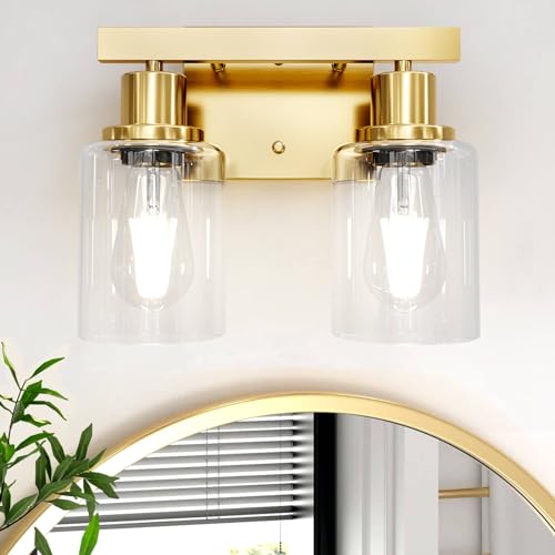 Image of 2-Light Brushed Gold Vanity Lights for Bathroom, Brushed Gold Bathroom Light Fixtures, Modern Vanity Lighting Over Mirror with Clear Glass Shade, Farmhouse Bath Wall Lamp for Mirror