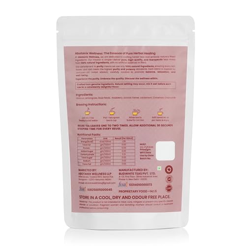 Image of ABOTANIX HIBISCUS ROSE Herbal Tea 75g ( 40 Cups ), Premium Tea with Hibiscus, Lemongrass, Rose Petals, Rosemary, Fennel, Helps in Skin Glow, Promotes Heart Health, Stress Relief & Caffeine Free, No Sugar