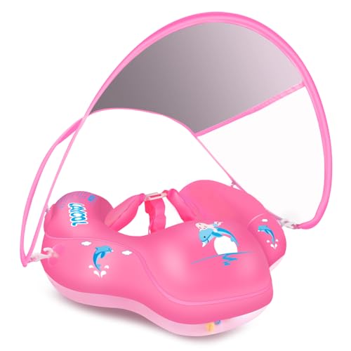 LAYCOL Flotador para bebé con protección solar UPF50+ y juguetes, asiento de seguridad ajustable, anillo de natación para niños pequeños para 3 – 36 meses (actualización rosa, XL)