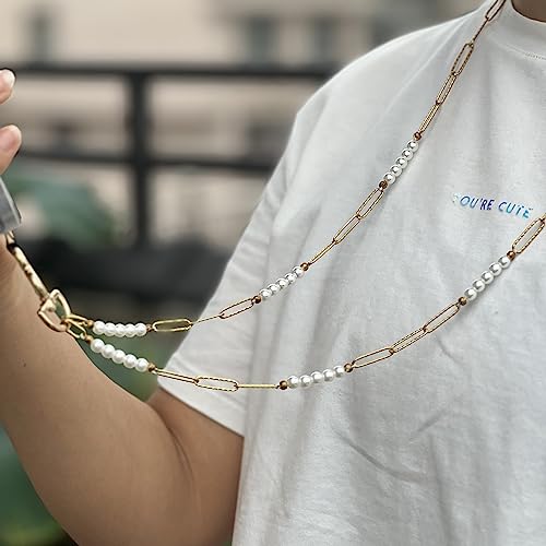 Cordão feminino de aço inoxidável banhado a ouro 18 k e contas de pérolas, cordão de pescoço para ce