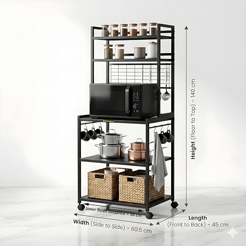 Image of Heavy Duty Metal Microwave Oven Stand with Storage Shelves & Hooks | Multi-Tier Kitchen Rack with Wheels | Organizer for Oven & Appliances (MS 5 Black)