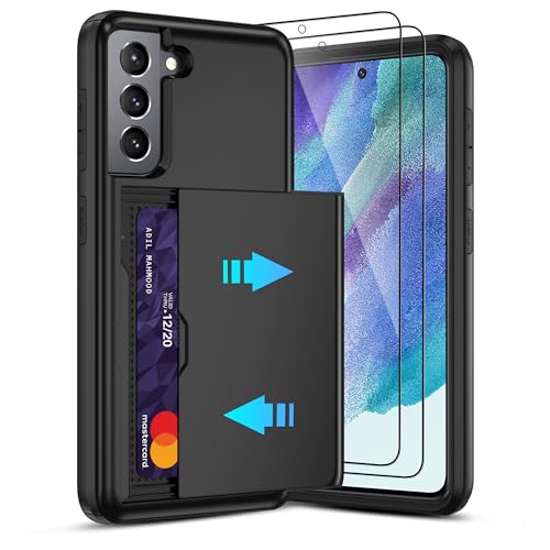 Pilaru Sliding Card Holder Case for Samsung S21 FE | Hidden Slot Cards | 2 screen protectors | Shockproof & Anti-Slip Protective Wallet Cover | Durable Dual-Layer Design for Galaxy S21 FE Black