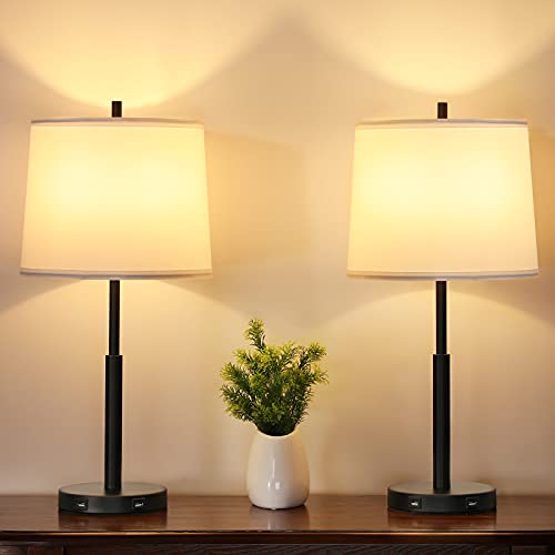 Touch Control Table Lamps Set of 2, Ziisee 3-Way Dimmable Bedside Lamps with Dual USB Charging Ports, 24'' White Fabric Lampshade Modern Nightstand Lamps for Bedroom, Living Room (LED Bulbs Included)