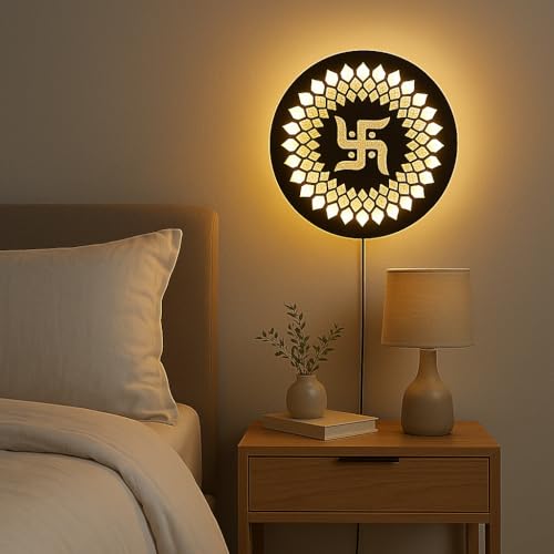 Image of Swastik LED Backlit Pooja Room Decor | Moon Wall Lights for Home Decoration | Wall Lamps for Bedroom & Living Room | No Adapter Required