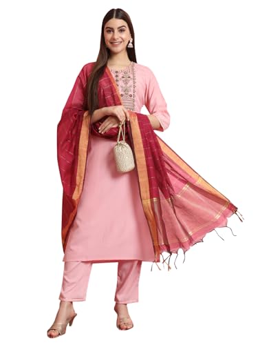 Image of VredeVogel Women's Silk Blend Embroidered Kurta with Pant & Viscose Print Dupatta Set