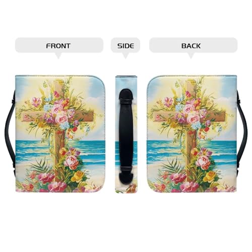 Case Bible Covers for Women Men with PU Leather Bible Covers with Handle and Zippered Pocket for Study Beach Rose Cross2
