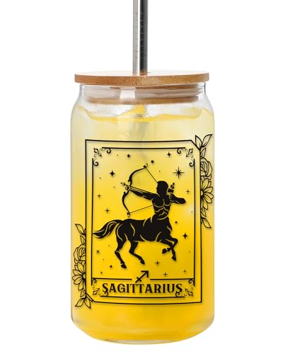 Nefelibata Sagittarius Beer Can Glass 16 OZ Iced Coffee Glass with Lid Metal Straw and Cleaning Brush, Reusable Drinking Glass Cup for Coffee Tea Soda Juice, Zodiac Gifts for Women and Men, Set of 1