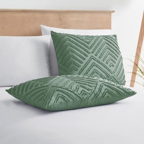 Image of Boho Boho Duvet Cover Queen - Textured Tufted Green Bedding Set, 3 Piece Queen Duvet Cover with Zipper Closure, 90x90 Inches and 2 Pillow Shams