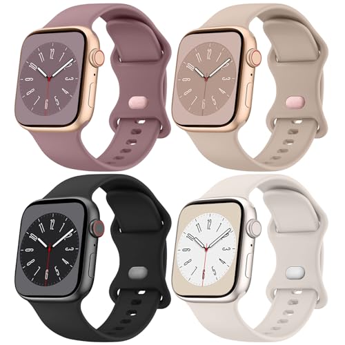 [4 Pack]Silicone Bands for Apple Watch Bands 38mm 40mm 41mm 42mm Women Men, Soft Adjustable Comfortable Replacement Sport Strap Women Men for iWatch Series 10/9/8/7/SE/6/5/4/3/2/1