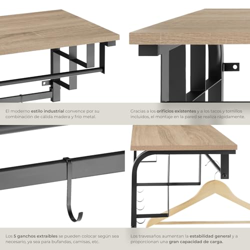 tectake® Percheros Pared, Perchero Entrada Recibidor, Colgador Pared, Muebles de Entrada, Colgadores, Diseño Estable con Ganchos Extraíbles - 30 x 66 x 27 cm Madera Industrial Clara, Roble Sonoma - imagen 6