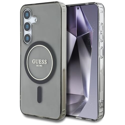 CG MOBILE Guess Glitter Circle Classic Logo Compatible avec MagSafe Coque pour Samsung Galaxy S25 (Noir)