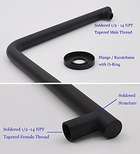 Aquaiaw High Rise Shower Arm And Flange, 12.6 Inch, Solid Brass, Both Soldered 1/2 Npt Tapered Threads, Round, Matte Black, Gooseneck Raised Shower Head Arm W/Escutcheon, Wall Mount Shower Extension #TOP3
