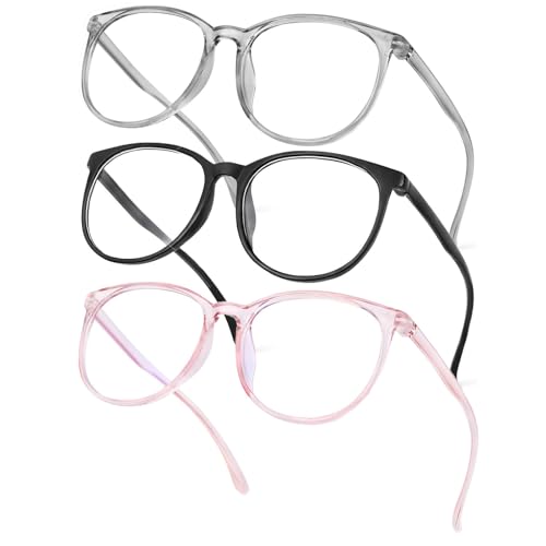LIURFLNC 3 Stück Blaulichtfilter Brille, Anti Blaulicht Blue Light Blocking Glasses Set, Rund Brillen Modebrille, Ohne Stärke Blaufilter Fake Brille für Damen Herren (Schwarz & Grau & Rosa)