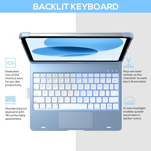 Image of typecase Touch iPad 11th 10th Generation Case with Keyboard (11 inch 2025, A16 & 10.9 inch 2022) - 360 Rotatable, 11-Color Backlit, Multi-Touch Trackpad, Pencil Holder, Thin & Light - Sky Blue