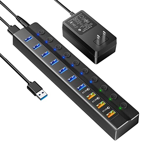 Powered USB 3.0 Hub, LURMMUE 10-Port USB Hub (7*USB 3.0 Data Ports and 3*QC 3.0 Charging Ports) with On/Off Switches, 12V/4A Power Adapter for Mac, PC, Laptop