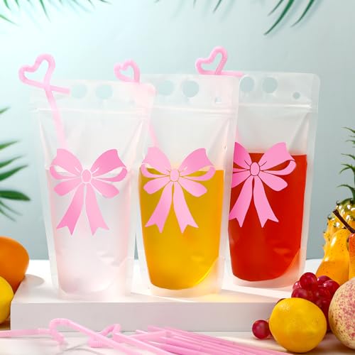 100 Sets de Bolsas para Beber con Lazo Rosa y Popotes miniatura 3