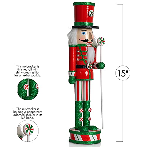 image for Ornativity Wooden Peppermint Christmas Nutcracker - Red, White and Gre