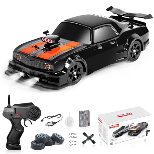 YUZ Remote Control Car RC Drift Car 1/16 Scale 4WD 18KM/H High Speed RC Car 2.4GHz with LED Lights Spray Racing Toy Car for Adults Boys Girls Kids Birthday 2Pcs Rechargeable Batteries, Black
