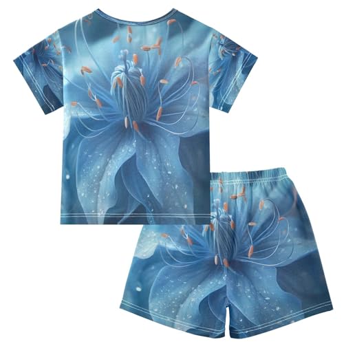 ALAZA Blue Flower Blossom Pajamas Set Short Sleeve Cotton Sleepwear Summer Pjs 2 Piece 5-14Y2