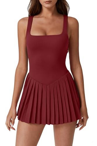 Image of QINSEN Womens Square Neck Tennis Dress Pleated Sleeveless Built in Shorts Golf Athletic Dress with Pockets