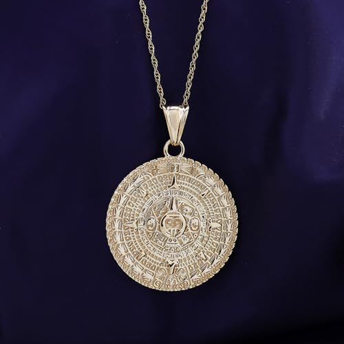 Aztec Mayan Sun Calendar Charm Pendant Necklace for Men and Women 14K Gold Plated 925 Sterling Silver Medallion Pendant Necklace with 18-Inch Rope chain3