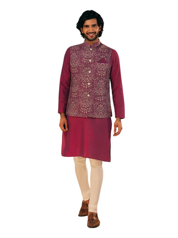 Image of KISAH Men Printed Kurta Jacket Set, Full Sleaves, Knee Length, Straight, Regular Fit, Mandarin Collar Ethnic Wear