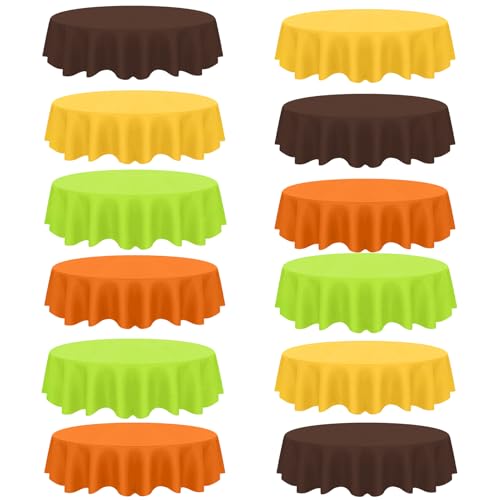 Image of CIEOVO 12 Pack Fall Plastic Tablecloth, Thanksgiving Yellow Orange Brown Green Disposable Waterproof Round Tablecloth for Fall Harvest Thanksgiving Day Family Birthday Baby Shower Party Decorations