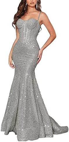 Sparkly Sequin Prom Dresses for Teens Long Fitted Mermaid Bodycon Bridesmaid Evening Gowns for Wedding Party Silver,SIZE04