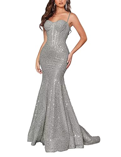 Sparkly Sequin Prom Dresses For Teens Long Fitted Mermaid Bodycon Bridesmaid Evening Gowns For Wedding Party Silver,Size04 #TOP26