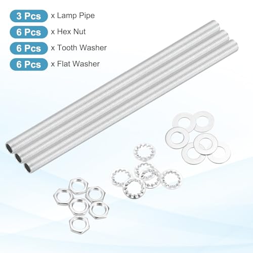 Image of MECCANIXITY 21Pcs 11 inch Lamp Pipe Nipples Kit with Hex Nuts Washers, M10 Fine Threaded Hollow Tube Repair Hardware Fasteners Assortment for Assembly Chandelier Ceiling Lamp DIY, Silver