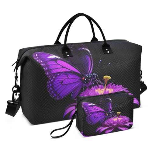 Large Purple Butterfly Sports Tote Gym Bag, Duffel Bag with Multiple Compartments and Telescopic Handle, Carry On Luggage with Toiletry Bags