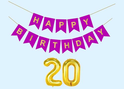 Image of 20th Happy Birthday Decoration Kit Purple for 20 year Old Boys Girls Teenage with Number Twenty Party Decorations Decor Celebration Items Item Set Combo Reusable Paper Banner