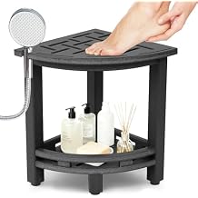 KALUMOON Corner Shower Stool, HDPE Waterproof Shower Bench for Inside Shower, Small Shower Chair Seat for Shaving Legs with Storage Shelf, Shower Head Holder, Adjustable Feet Black