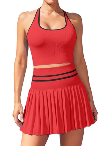 ATTRACO 2 Piece Tennis Dresses for Women High Waisted Pleated Skirt Sets Seamless Colorblock Golf Outfits