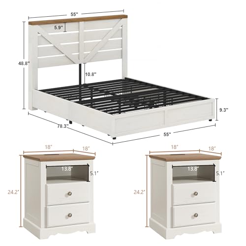 Image of AMERLIFE 3 Piece Bedroom Set Including Farmhouse Full Size Bed Frame with 4 Drawers, Nightstands Set of 2 with Charging Station for Bedroom, White