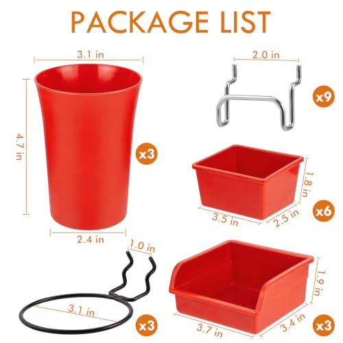 Image of Pegboard Bins Cups with Hooks & Loops 12 Pack Peg Board Organizer (Red)