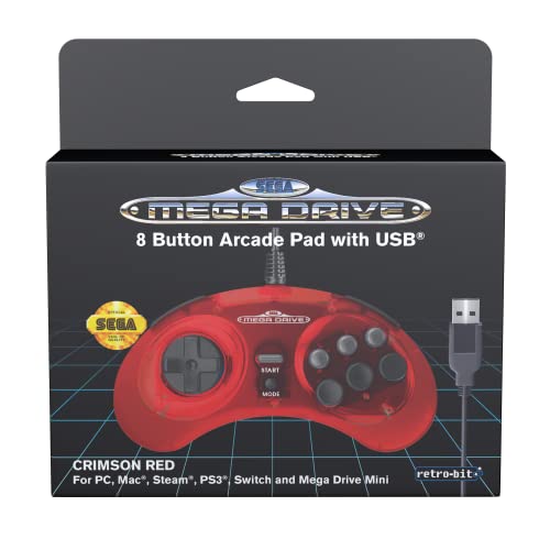 retro-bit Official Sega Mega Drive Manette USB 8-Button Arcade Pad pour Sega Genesis Mini, Nintendo Switch, PC, Mac, Steam, RetroPie, Raspberry Pi, Port USB (Crimson Red)