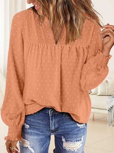 BETTE BOUTIK Women Boho Long Sleeve Shirts Dressy Casual V Neck Fall Fashion Tops Swiss Dot Flowy Blouses