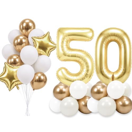 Image of PartyWoo Gold Number 50 Balloon 40 Inch 33pcs Metallic Gold Foil Star White