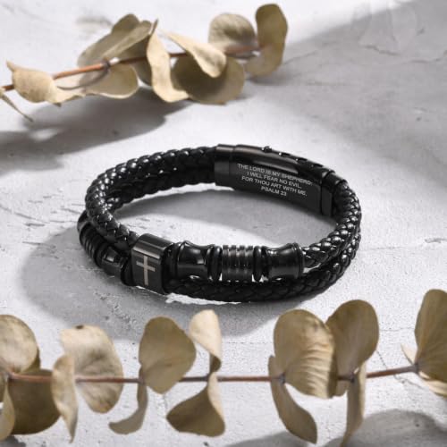 Christian Black Leather Bracelet for Men, Braided Leather Cross Adjustable - image 6