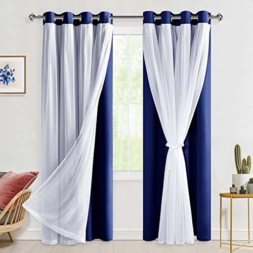 Hiasan Cortinas de tul transparente con alzapaños, cortinas opacas de color azul, doble capa,...