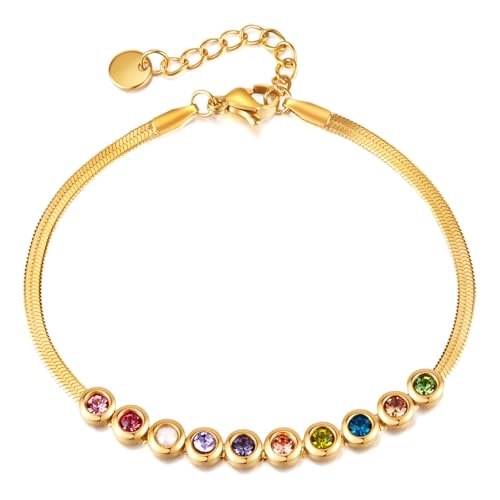Fashion Colorful Cubic Zirconia Bracelet Stainless Steel Flat Snke Adjustable Link Chain Bracelet