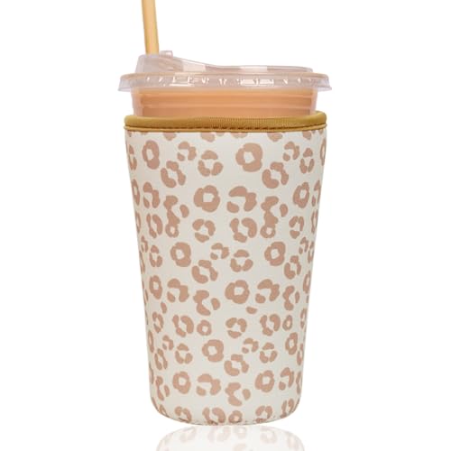 Image of Reusable Insulated Sleeve for Iced Coffee Cup, Coffee Neoprene Sleeve for Cold & Hot Drinks, Beverage Holder for Iced Coffee (Leopard Grace, Large: 32oz)