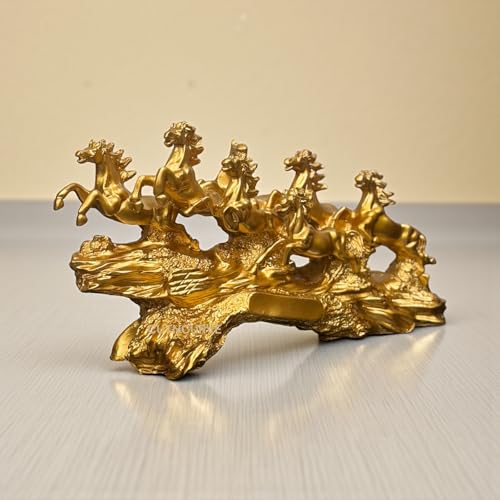 Image of 7 Running Horses | Vastu, Feng Shui Statue for Good Luck Wealth Health Happiness White Horses with Golden Touch | Home Decor Gift for Home, Office, Resin (L-17, H-10 Inch) (Yellow-Golden)