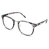 PenSee Womens Fashion Oversized Clear Lens Round Circle Eye Glasses (Blue Flower（Plastic legs）)
